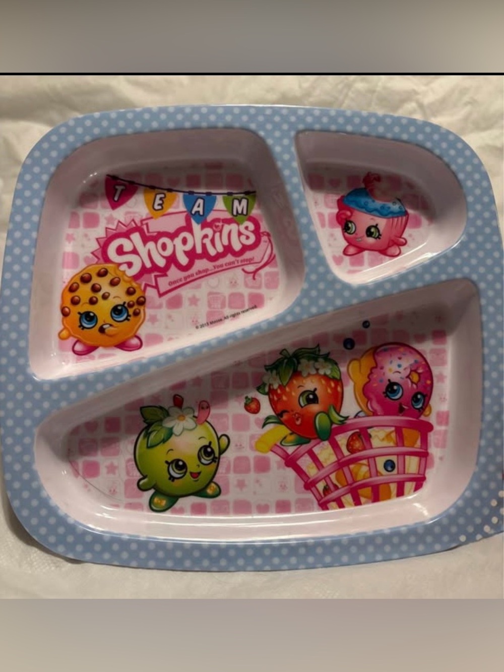 Zak Designs Shopkins 3-Section Divided Melamine Plate Blue Polka Dot Rim
